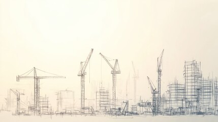 Sketch of urban construction site development cranes
