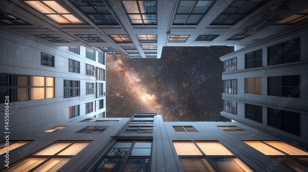 Poster surreal cityscape with celestial skies modern architecture blending cosmos above illuminated windowp