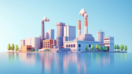 Fototapeta premium Modern factory skyline with reflections in water. Waste Recycling Week