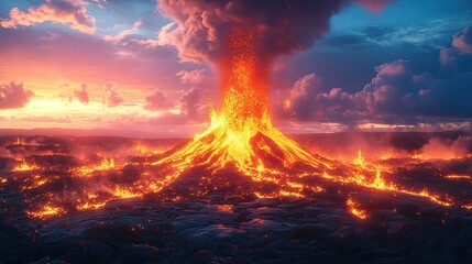 A dramatic volcanic eruption spewing lava and ash into the sky, showcasing the raw power of nature.