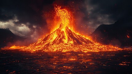 A dramatic volcanic eruption with ash and lava spewing into the sky, a powerful display of Earth's forces.