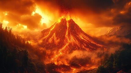 A dramatic volcanic eruption with ash and lava spewing into the sky, a powerful display of Earth's forces.