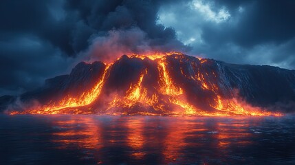 A dramatic volcanic landscape with lava flowing and steam rising, a display of the Earth's raw energy.