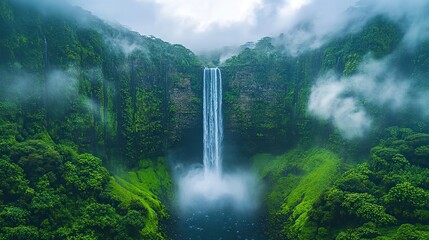 A dramatic waterfall plunging into a deep gorge, surrounded by lush vegetation and mist in the air.