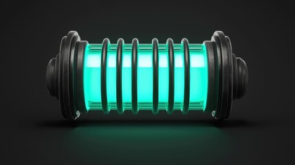 A 3D rendering of a cylindrical object with a glowing green interior and a black exterior.