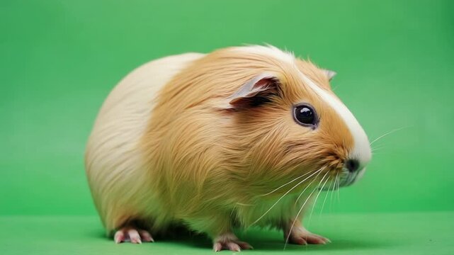 Close up of a guinea pig with brown and white fur standing on a green background looking at the camera green screen video