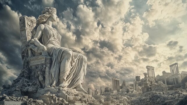 Majestic greek marble statue of femida towering over ruined ancient city beneath dramatic sky
