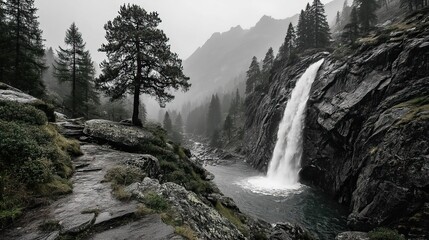 A dramatic waterfall plunging into a deep gorge, the mist rising from the churning water below.
