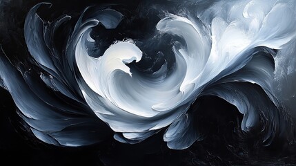 A dynamic abstract artwork featuring swirling lines and shapes in contrasting shades of black and white.