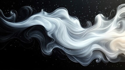 A dynamic abstract artwork featuring swirling lines and shapes in contrasting shades of black and white.