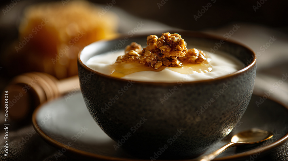 Poster delicious bowl of yoghurt with honey and testicle styled on a simple table setting.