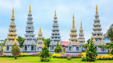 Naklejka premium Exquisite thai temples architecture amidst serene nature parkland representing spiritualism and cultural heritage on clear daylight hours