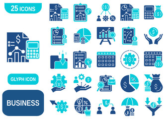 A comprehensive set of 25 glyph icons representing various aspects of business and finance.