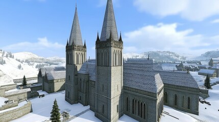 Winter panorama of the snowy city and the church with the towers covered with snow in a frosty weather in a mountain region landscape