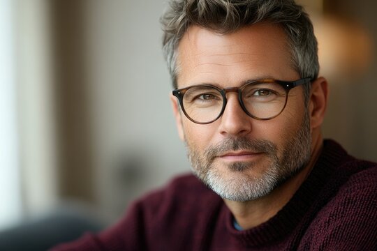 A portrait of a mature man with short, graying hair and glasses, wearing a maroon sweater.