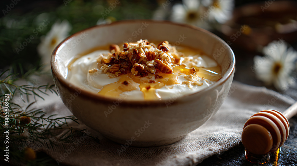 Poster delicious bowl of yogurt with honey and nuts, styled on a unproblematic tabular array setting.