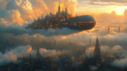 A fantastical cityscape built on the back of a giant, slumbering creature floating peacefully in the clouds.