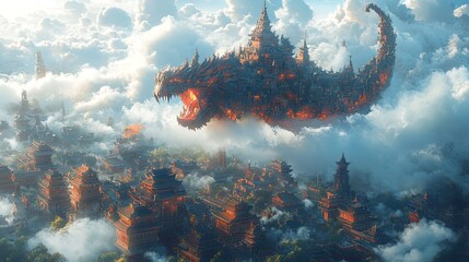 A fantastical cityscape built on the back of a giant, slumbering creature floating peacefully in the clouds.