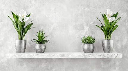 A white shelf with three potted plants and two white flowers.