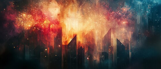 City skyline celebrates under fireworks display, creating festive atmosphere, capturing vibrant city life, modern celebration.