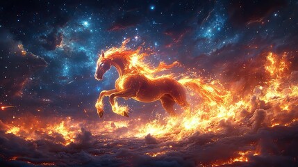 A fantastical creature with the body of a horse and a mane of fire galloping across a starry night landscape.