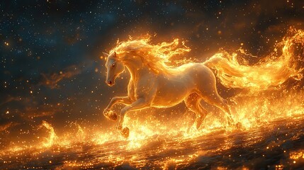 A fantastical creature with the body of a horse and a mane of fire galloping across a starry night landscape.