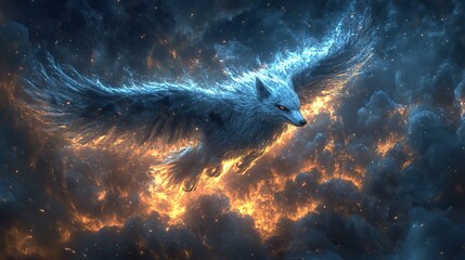 A fantastical creature with the head of a wolf and the wings of a raven soaring through a twilight sky.