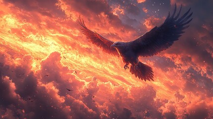 A fantastical creature with the head of a wolf and the wings of a raven soaring through a twilight sky.