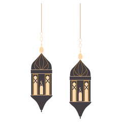 suspended golden lanterns with intricate patterns, varying in size, reflecting traditional Islamic art and decorative elegance.
