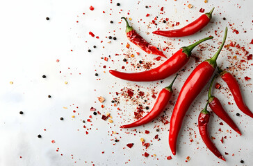 Red Chili Peppers and Flakes on White Surface Spicy Food Ingredient
