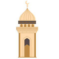 A detailed mosque minaret with a dome and crescent, featuring balconies and arched windows.