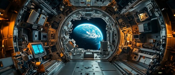 Spaceship interior presents clear view of Earth through porthole, emphasizing technological innovation and futuristic feel.
