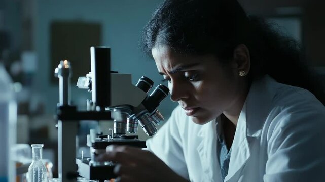 A dedicated female scientist closely examines samples through a microscope in a laboratory, showcasing intense concentration and scientific inquiry in a research environment.