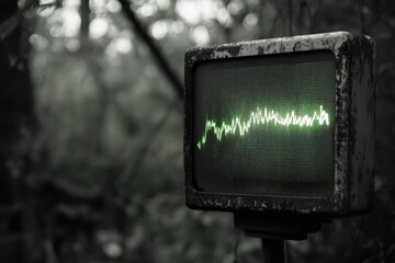 A weathered, vintage monitor displays a green waveform in a dark, wooded setting.