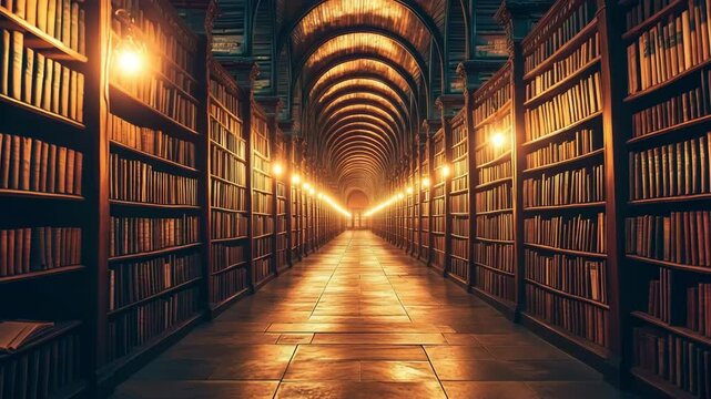 A majestic, dimly-lit library hall stretches into the distance, lined with towering wooden bookshelves filled with old books and illuminated by warm, ambient lighting under a vaulted arched ceiling. 