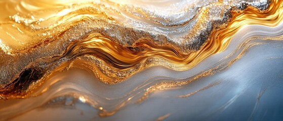 Abstract fluid art displays golden textures blending into silver swirls creating a marble effect with iridescent shine.