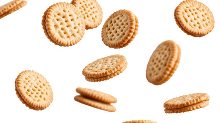 cookies floating in the air on white background