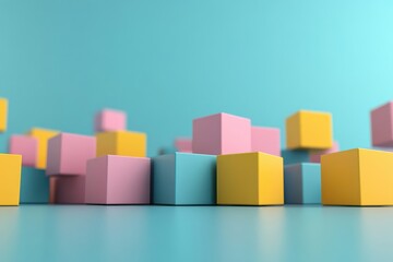 Obraz premium Colorful wooden blocks scattered across a turquoise surface creating a playful atmosphere in a bright setting