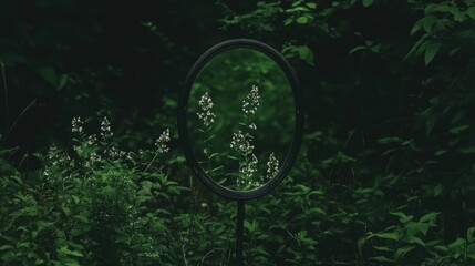 A black circular mirror with a white flower reflected in it.