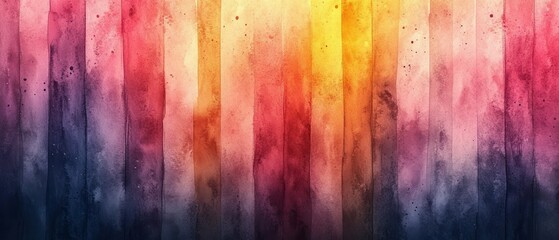 Fototapeta premium Watercolor painting showcases vertical stripes transitioning from warm yellows to cool blues and purples, creating an artistic gradient effect.