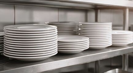 Obraz premium Minimalist row of ceramic dishes on shelving, captured in soft lighting. A calm and organized image suitable for culinary, hospitality, or design themes.