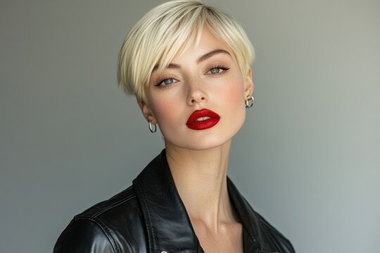 A blonde woman with a short pixie cut, red lipstick, and a black leather jacket.