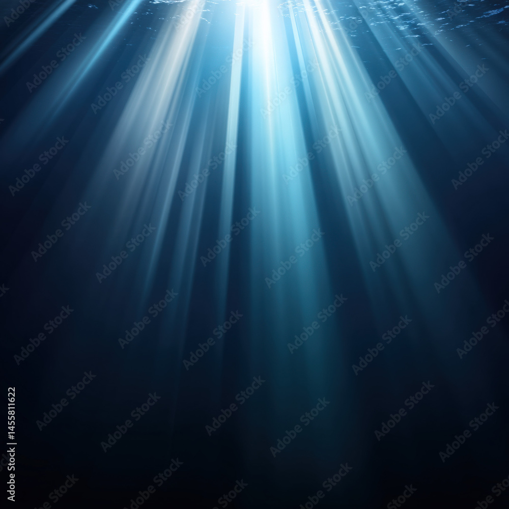 Poster underwater light rays penetrate deep blue ocean depths creating a dramatic ethereal scene with glowi
