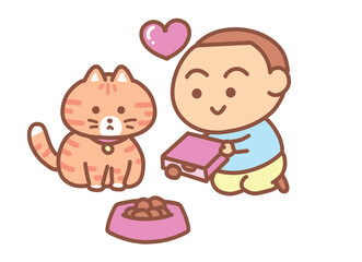 Little boy feeding a cat cartoon style