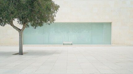 A white bench sits in front of a large window, with a tree to the left and a building to the right.