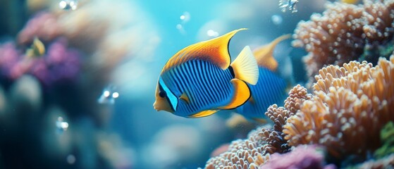 Obraz premium Butterflyfish swims gracefully through a coral reef surrounded by bubbles, showcasing vibrant colors and serene underwater life.
