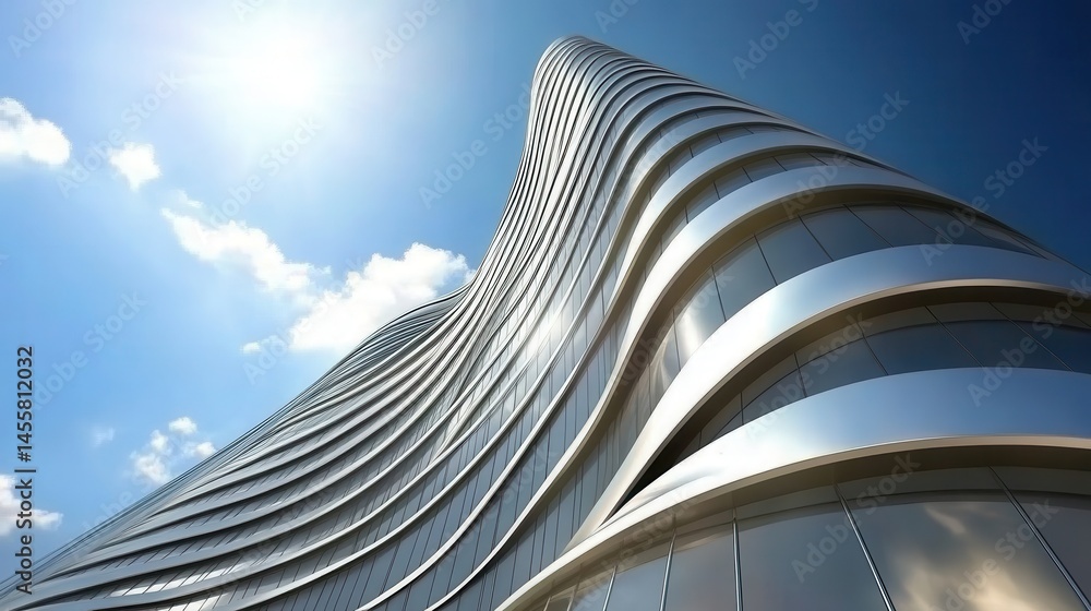 Poster futuristic architecture with flowing lines showcasing modern design against a vibrant sky creating a