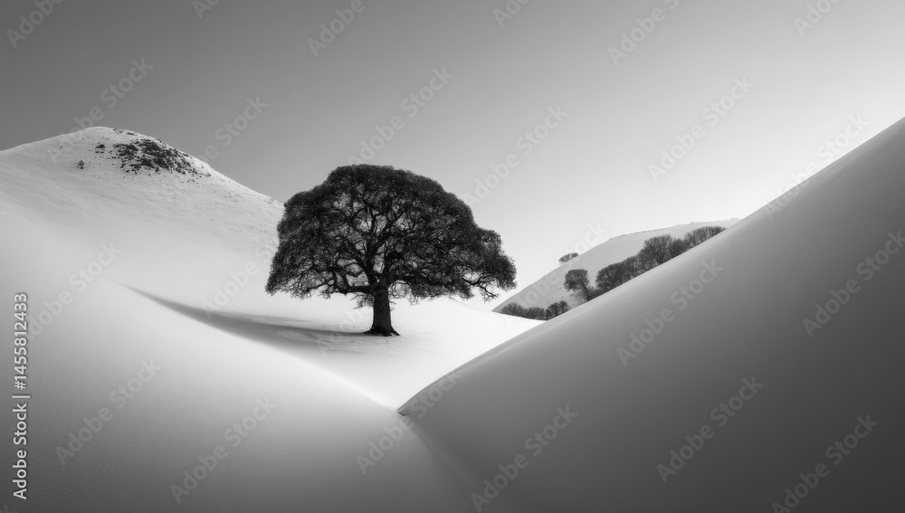 Aufkleber solitary oak tree stands resilient in a snowy tranquil valley nestled between two gently sloping hil