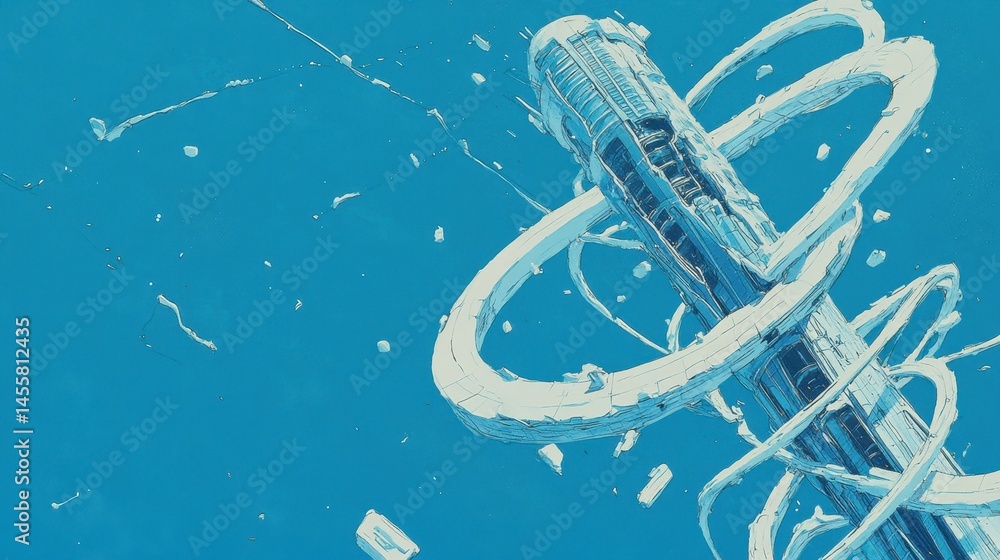 Poster futuristic space station orbiting earth providing communication networks and technological innovatio