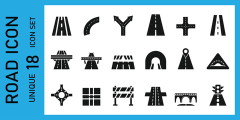 Black Road and Highway Icons Vector Set  18 Unique Silhouettes Including Bridge, Tunnel, Crossroads, Curves, Barriers, and Traffic Elements for Map, Navigation, and Transportation Projects vector.